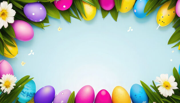 Easter coloured background with eggs, flowers, green grass and copyspace