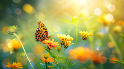 Brown butterfly pollinating a flower on springtime - obrazy, fototapety, plakaty