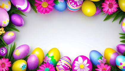 Easter coloured background with eggs, flowers, green grass and copyspace
