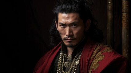 Stoic warrior in regal attire exudes a powerful aura.