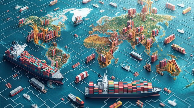 Illustration of cargo ships at sea with containers, depicting global maritime logistics and transportation network.
generative ai