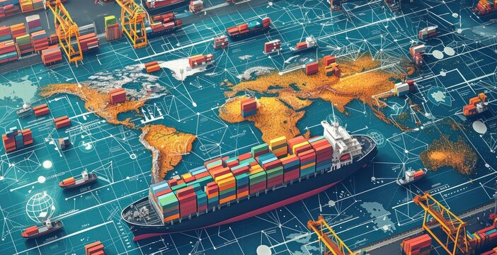 Illustration of cargo ships at sea with containers, depicting global maritime logistics and transportation network.
generative ai