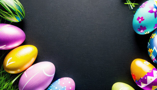 Easter coloured black background with eggs, flowers, green grass and copyspace
