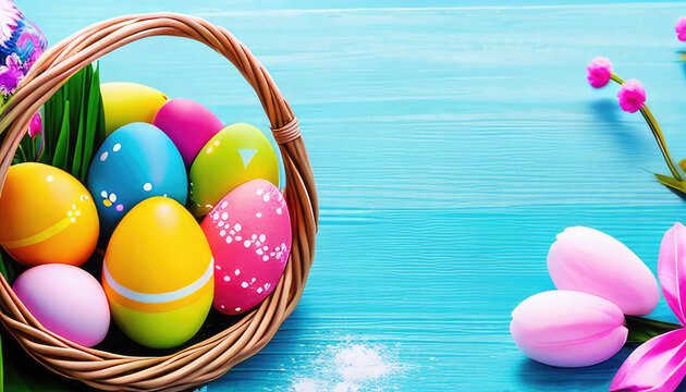 Easter celebration image with painted eggs, flowers, green grass