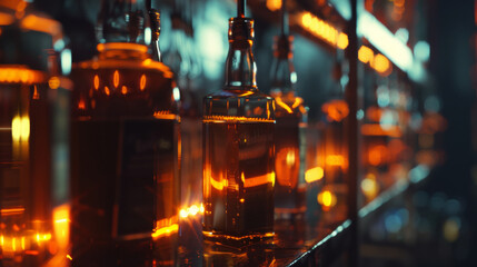 The enticing amber glow of liquor bottles lined up on a bar shelf.