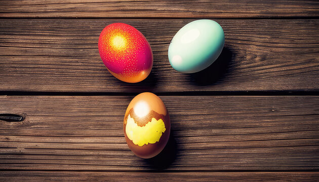 Easter painted eggs on a wooden table, top view. Abstract background for Easter