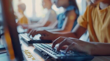 Students in a computer lab, highlighting technology in education and collaborative learning environments.