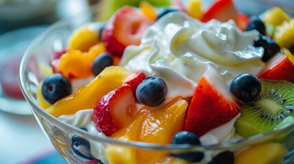 Vibrant fruit salad with yogurt, perfect for healthy lifestyle, diet, and nutrition themes.