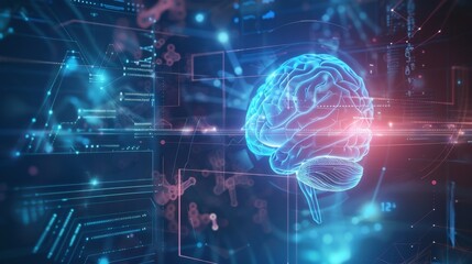 Digital brain interface symbolizing artificial intelligence, neuroscience, and technology advancements. - obrazy, fototapety, plakaty