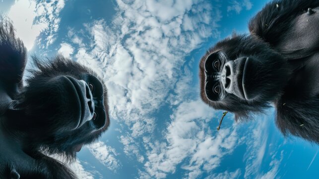 Bottom view of a gorillas against the sky. An unusual look at animals. Animal looking at camera