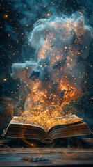 Obraz premium Antique book opens to a magic dreamlike fantasia. Magic symbols illuminating a dreamlike realm to reveal a fantasia world within. A gateway to fantasia.