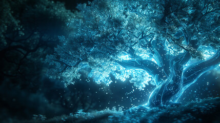 Luminous tree in dream dimension. Enchanted forest magical tree. Symbolizing new world growth and opportunity.
