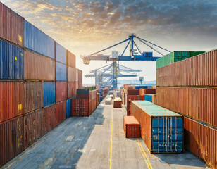 Stacked cargo containers in harbor storage area of freight sea port terminal in concept of export import and harbour delivery of goods