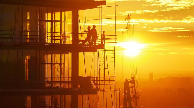 construction workers are on the top of the skyscraper during sunrise, in the style of golden light
