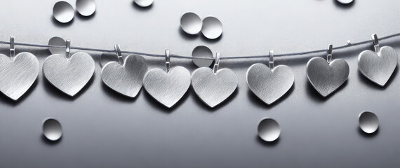 Paper silver hearts are suspended on a clothesline. Happy silver background for Valentine's Day,...