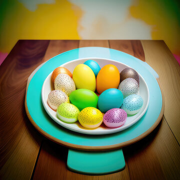 Easter painted eggs in a pot on a wooden table topview 