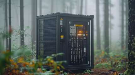 Mobile hybrid power generation units. Electric transformer in the forest in a foggy day