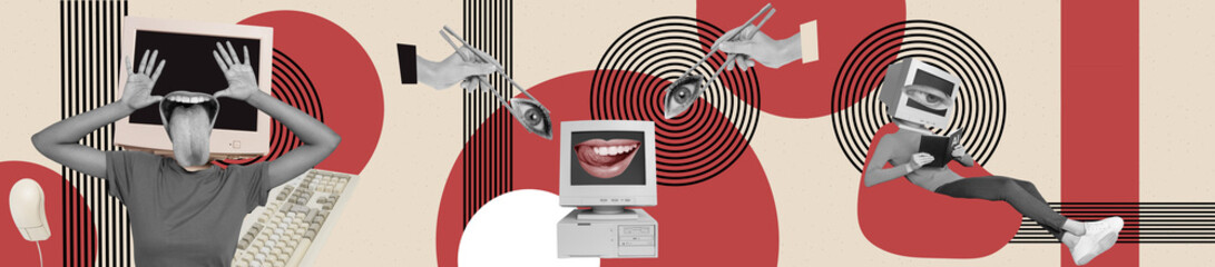 Photo collage panoramic picture bizarre concept headless person computer monitor sit pouf show...