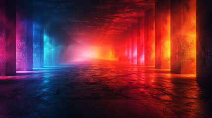Naklejka premium Neon Lights in Mysterious Corridor Background. Neon light glow in a dark corridor with a mysterious atmosphere.