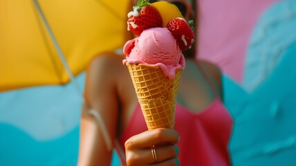 Woman in summer attire holding a waffle cone topped with a scoop of mango and strawberry ice cream, accompanied by two fresh strawberries