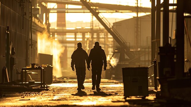 two men walking in an industrial factory on a sunny day