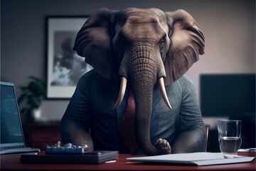 An elephant in an office suit sits at his desk working on his computer in the office. 