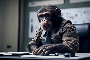 The boss monkey in the office suit sits at his desk working on the computer in the office. 