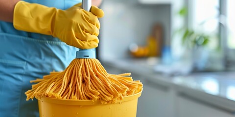 A woman in rubber yellow gloves and with a mop is preparing to clean.