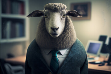 A sheep in an office suit sits at a desk working on a computer in the office. 