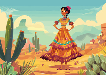Obraz na płótnie Canvas Animation Mexican girl in an ancient dress. Background