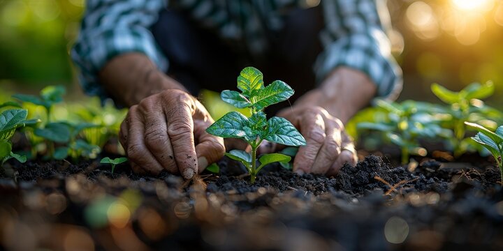 A man plants a young sapling, symbolizing care and responsibility for the growth of the environment.