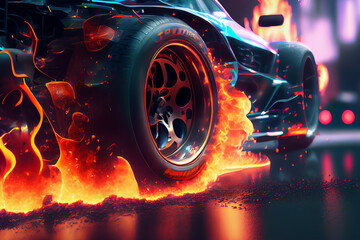 Burn out. Car wheel on fire, flames under the wheel of the car. 