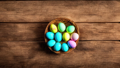 Painted eggs in a pot on a wooden table, top view. Abstract background for Easter