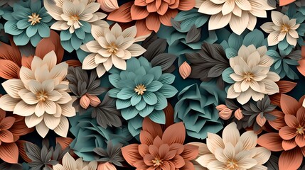 3d daisy floral flowers seamless repeat pattern, floral pattern, flower paper art, natural colors, detailed foliage, colorful, eye-catching compositions, realistic details, eye-catching composition. - obrazy, fototapety, plakaty