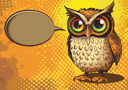 Cute cartoon owl with speech bubble in comicon book style