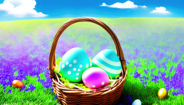 Basket with colored eggs on the grass, Easter greeting card