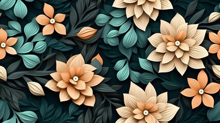 3d floral flowers seamless repeat pattern, floral pattern, flower paper art, in the style of light peach and dark teal polish folklore motifs, detailed foliage