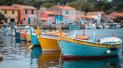 Fototapeta na wymiar A traditional fishing village, with colorful boats moored in the harbor as the background, during a local festival