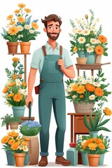 "This vector illustration features a beautifully detailed character of a flower vendor. Ideal for projects and designs related to the floral industry. 