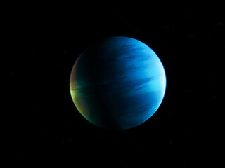 Mini-Neptune in space with stars. Large exoplanet on a black background. Planet with massive atmosphere.