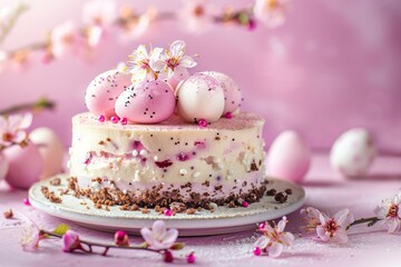 Obraz na płótnie Canvas Easter Egg Cheesecake festive Easter dessert, mini eggs, spring flowers, space for text