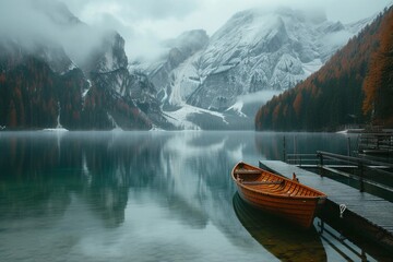 Lake in the mountains, Lake Braies Landscape, Grand Tetons and Reflection. Boat on the lake with mountain,