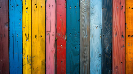 Colorful wooden wide banner background with vertical wooden slat of different bright colors. generative ai  - obrazy, fototapety, plakaty