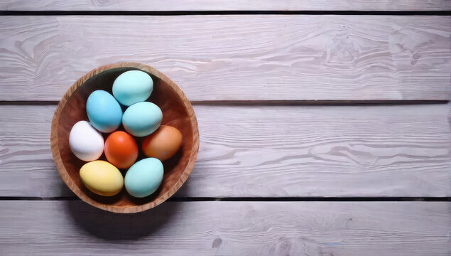 Painted eggs in a pot on a wooden table, top view. Abstract background for Easter
