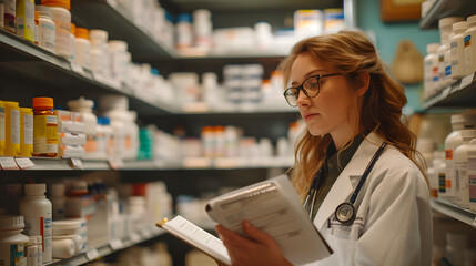 Female pharmacist reviewing medication inventory in pharmacy. Professional healthcare and medical services concept for design and print