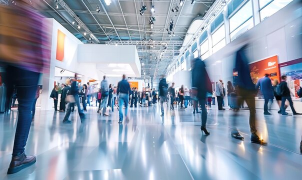Expo hall at a tech conference with people in motion, blurred effect