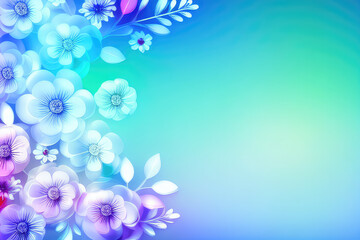 Fototapeta na wymiar Abstract spring blue background with many flowers for 8 March Womans Day celebration. Postcard with copyspace