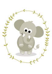 Cute elephant inside an oval leaves border