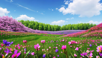 Spring meadow with many flowes and forest