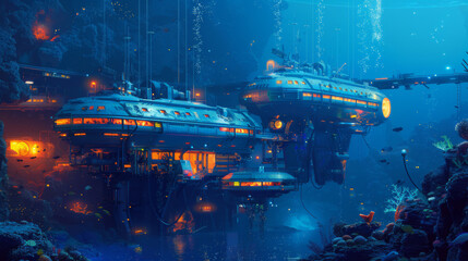 Neon-lit underwater station with submarines suggests high-tech marine exploration in a sci-fi setting,ai generated